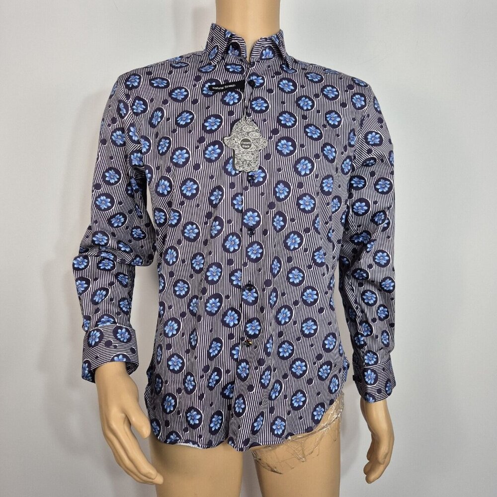 Visconti Black Button Up Flip Cuff Long Sleeve Shirt Men's Size S Blue Striped 8 - Picture 2 of 9